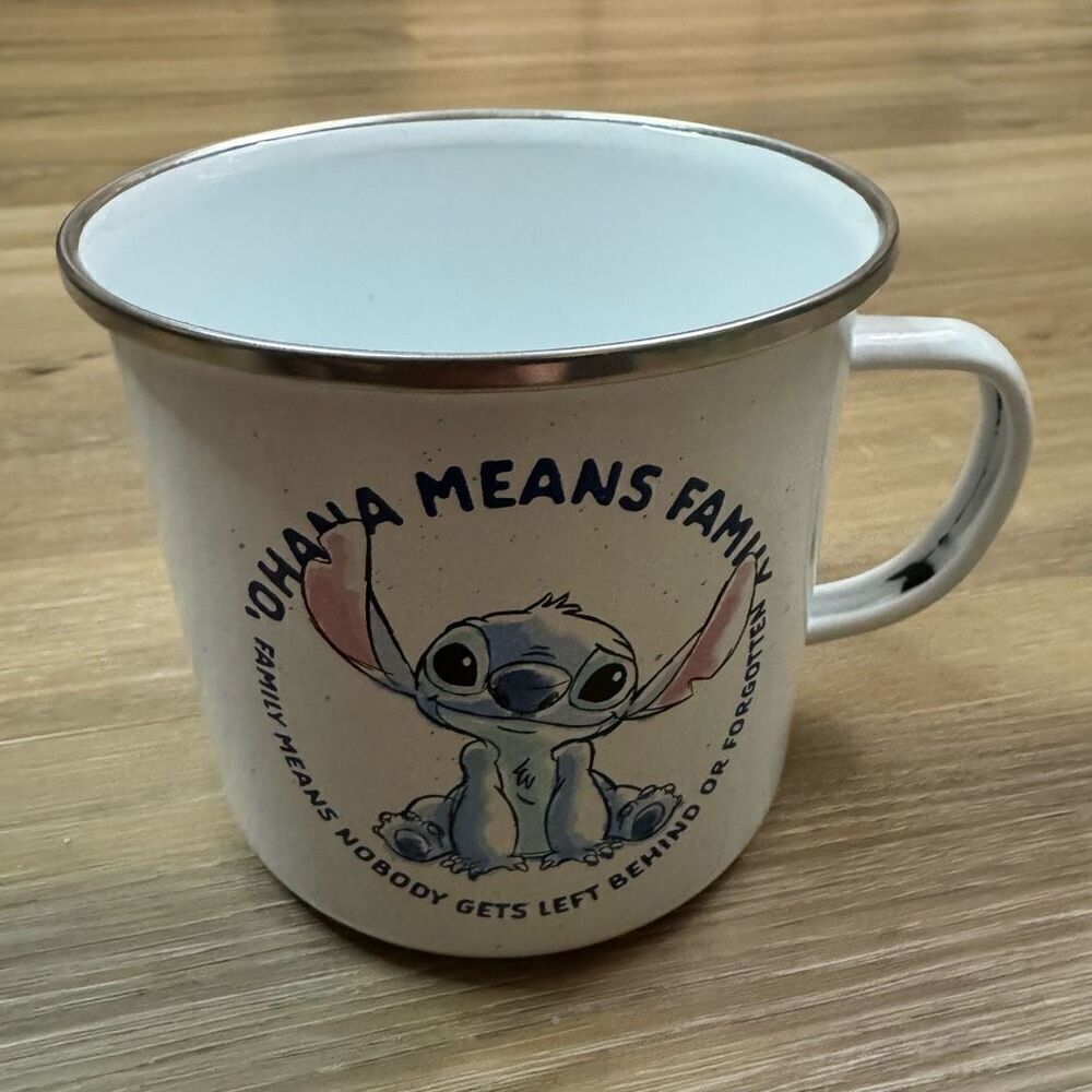 Disney Stitch Ohana Means Family Circle Text Camper Mug 21oz Metal Mug Cup New